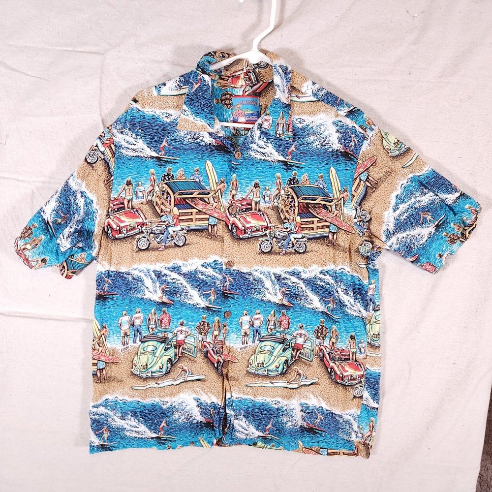 Joe Kealoha Hawaiian Button Shirt Mens Large Retro Cars Surfboards Beach Vacay